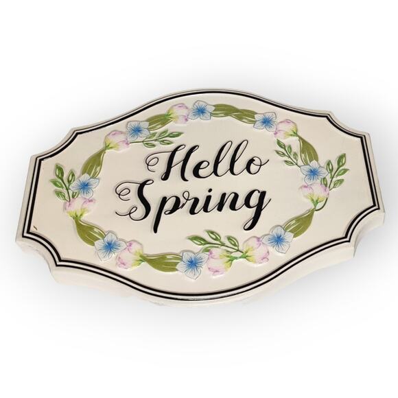 Hello Spring Enamel Metal Wall Sign Easter Decor Pink and Blue Flowers - Picture 6 of 12